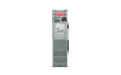 A tall, narrow industrial electrical cabinet or power system unit with a gray metal exterior, front ventilation grille, control panel, and red terminal buttons, shown on a plain white background.