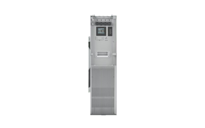 A tall, narrow industrial electronic control unit or server chassis shown upright on a plain white background. The unit is primarily light gray/silver with a small dark display screen near the top and a ribbed front grille section near the bottom.