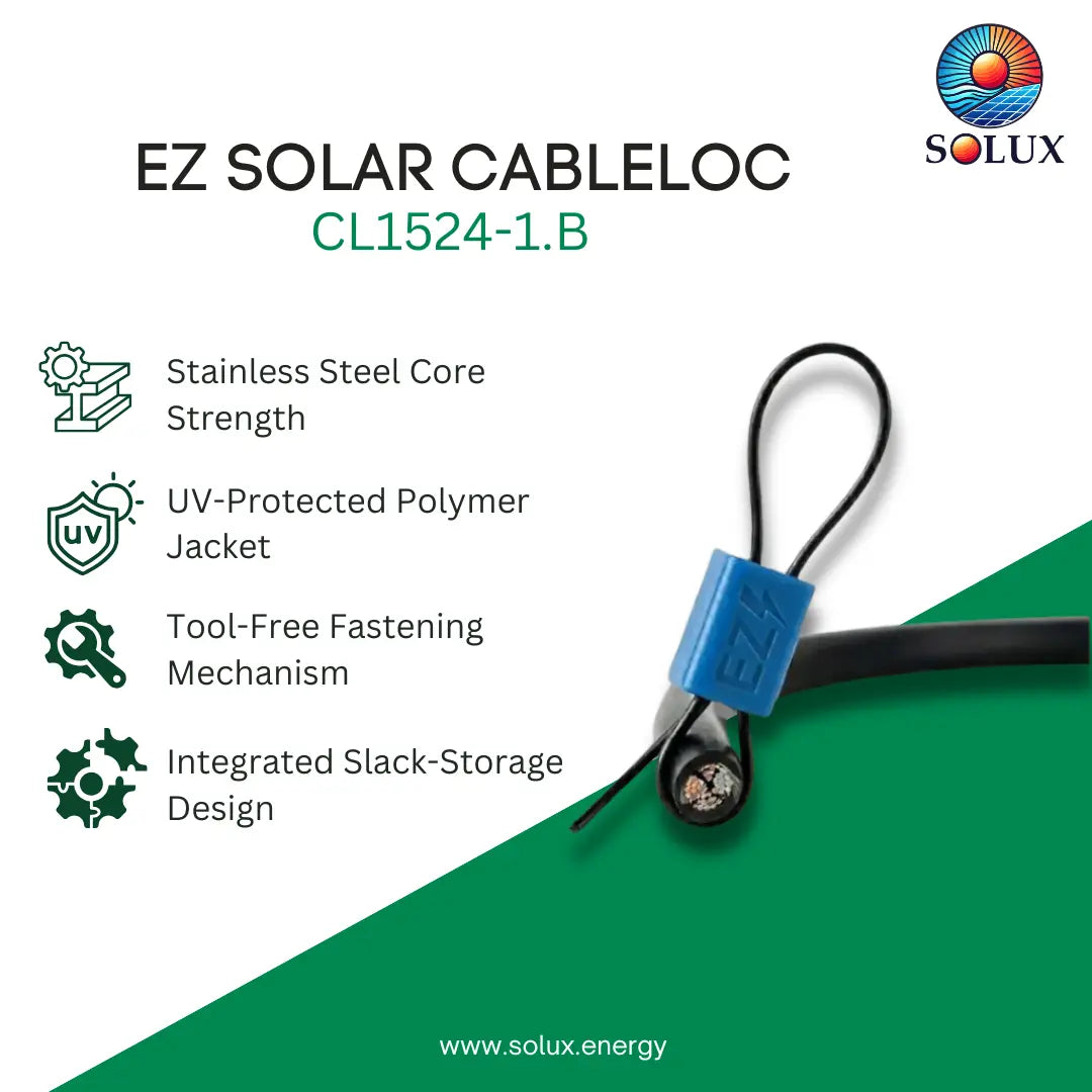 SOLUX EZ Solar Cableloc CL1524-1.B cable connector product graphic on a white and green background, showing a black cable with a blue connector housing and text listing product features.