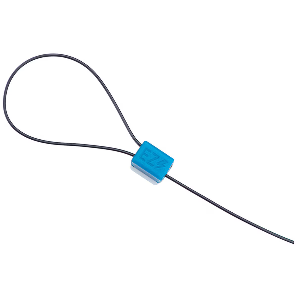 Black cable with a blue security lock on a white background