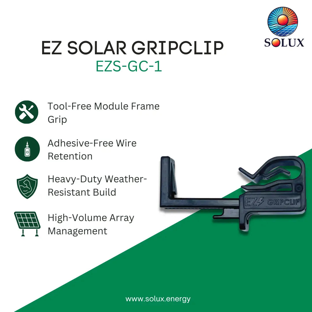 SOLUX EZ Solar Gripclip EZS-GC-1 tool-free solar panel grip clip shown on a white and green graphic background with product features listed on the left.