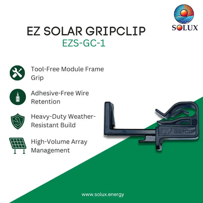 SOLUX EZ Solar Gripclip EZS-GC-1 tool-free solar panel grip clip shown on a white and green graphic background with product features listed on the left.