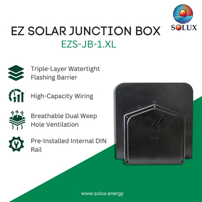 SOLUX EZ Solar Junction Box EZS-JB-1.XL product listing graphic on a white and green background, showing the black waterproof junction box and feature icons.