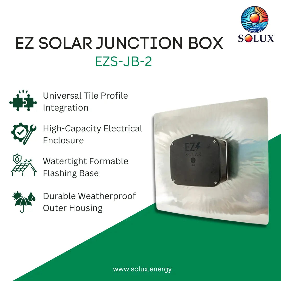 SOLUX EZ Solar Junction Box EZS-JB-2 product graphic on a white and green background, showing the junction box mounted on a square metallic base with feature callouts on the left.