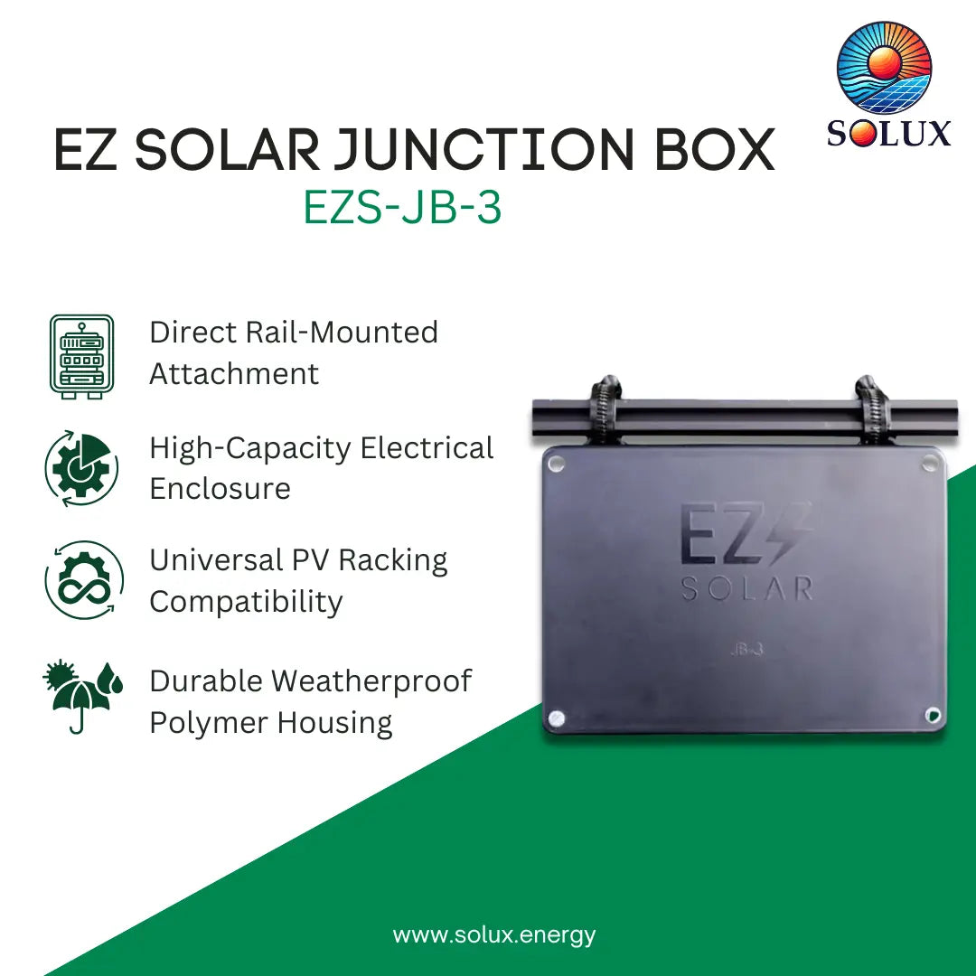 SOLUX EZ Solar Junction Box EZS-JB-3 product listing graphic on a white background with green accents, showing the metal enclosure and feature callouts.