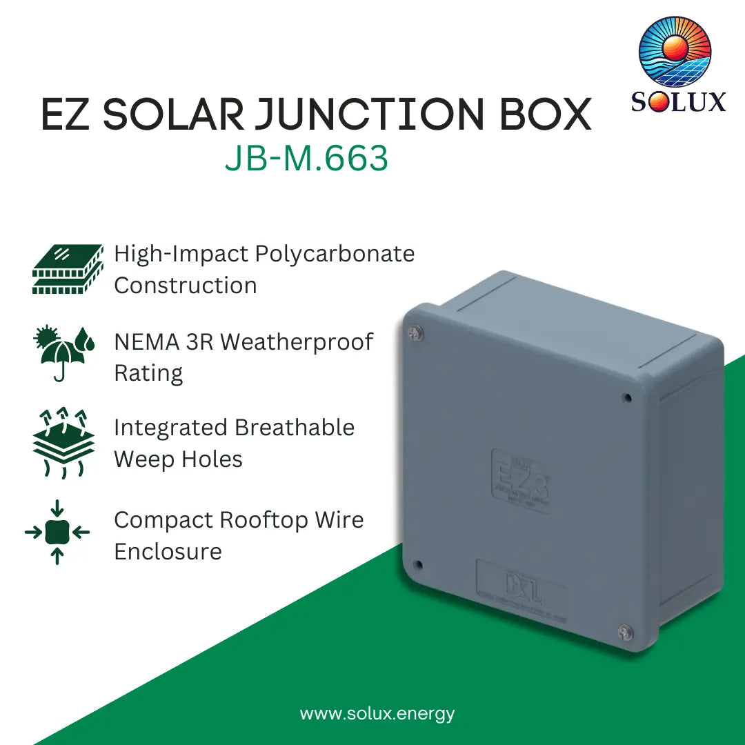 Solux EZ Solar Junction Box JB-M.663 in gray polycarbonate, shown on a white and green background with product features listed on the left.