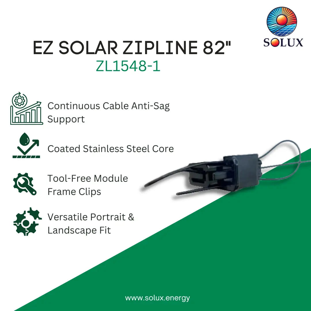 SOLUX EZ Solar Zipline 82" (ZL1548-1) solar cable clip product graphic on a white and green background, showing the product and feature callouts.