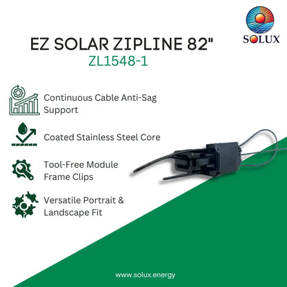 SOLUX EZ Solar Zipline 82" (ZL1548-1) solar cable clip product graphic on a white and green background, showing the product and feature callouts.