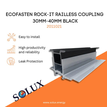This is an image of EcoFasten Rail less Coupling that fits 30mm to 40 mm in black