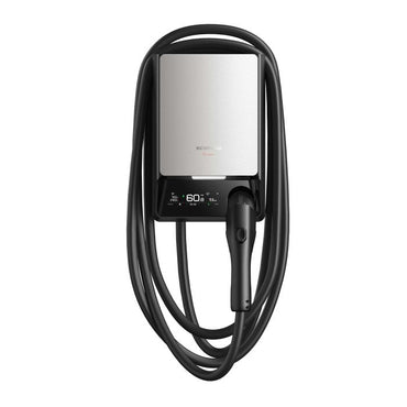 Electric vehicle charging cable with digital display on a white background