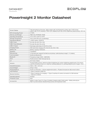 A printed ECOFLOW PowerInsight 2 Monitor Datasheet page with a table of specifications and product details on a white background.