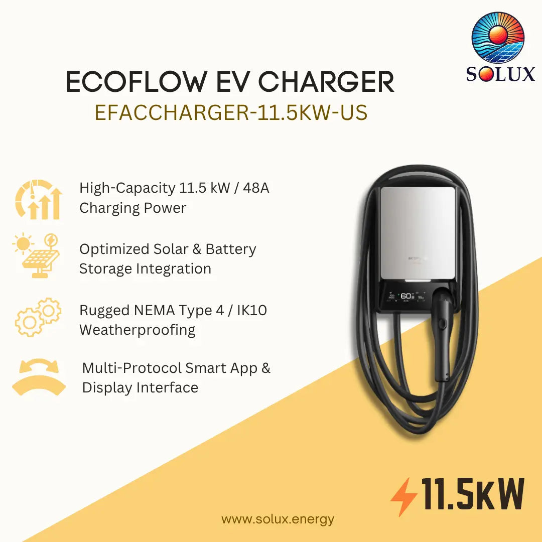 SOLUX EcoFlow EV Charger EFACCHARGER-11.5KW-US shown on a beige and yellow promotional graphic with feature callouts and product specifications.