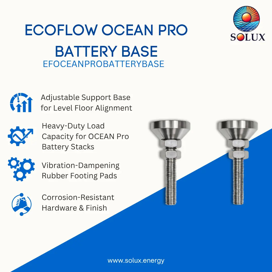 ECOFLOW OCEAN PRO Battery Base hardware advertisement showing two silver metal threaded base units on a blue and white graphic background with feature callouts and the Solux logo.