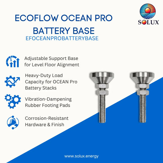 ECOFLOW OCEAN PRO Battery Base hardware advertisement showing two silver metal threaded base units on a blue and white graphic background with feature callouts and the Solux logo.