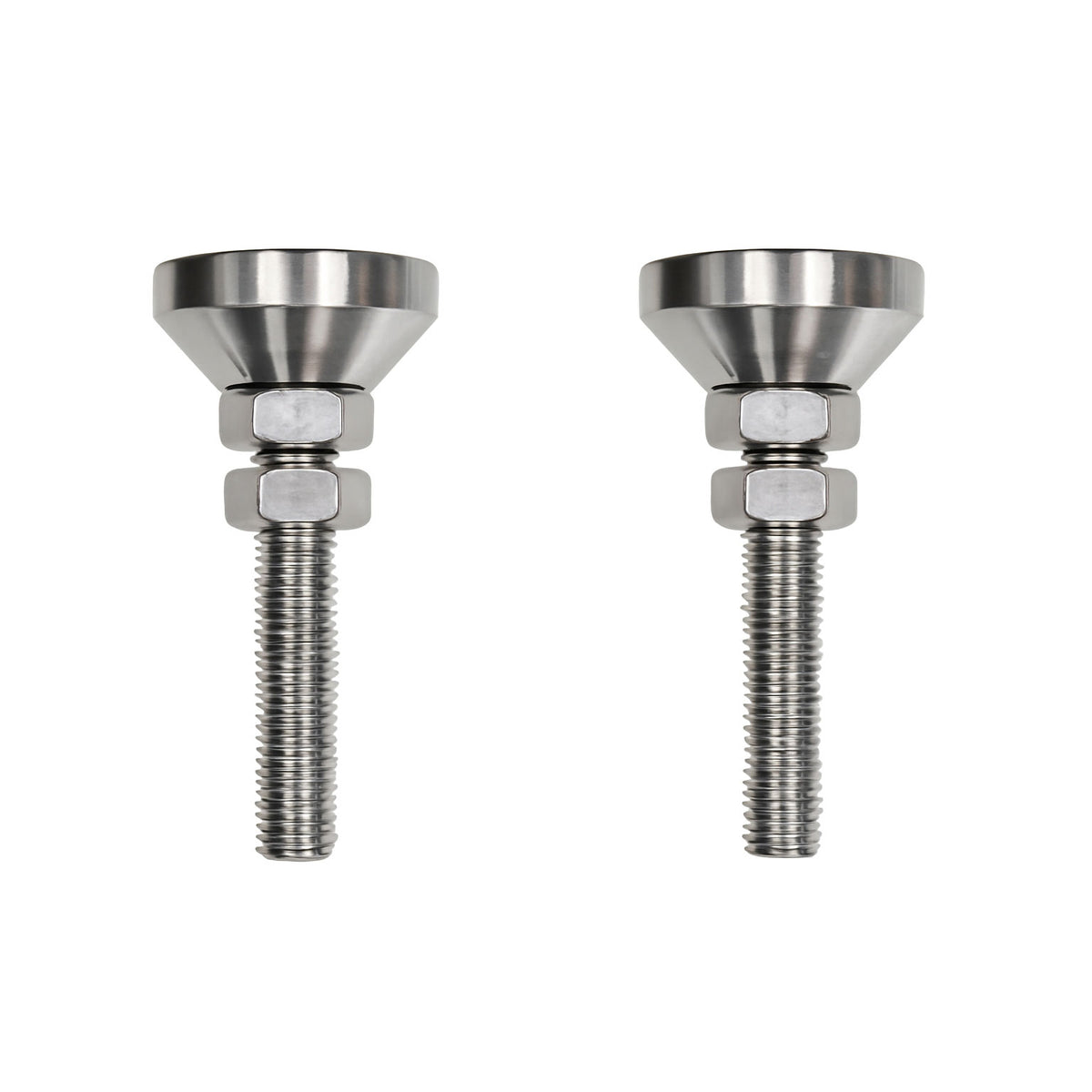 Two stainless steel mounting bolts with hex nuts and wide flanged heads, shown side by side on a plain white background.