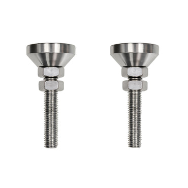 Two stainless steel mounting bolts with hex nuts and wide flanged heads, shown side by side on a plain white background.