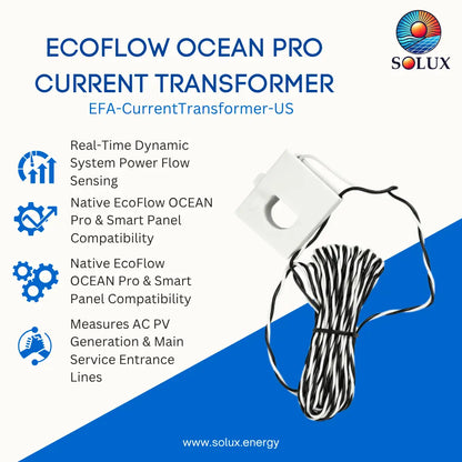 ECOFLOW OCEAN PRO CURRENT TRANSFORMER product graphic on a white and blue background, showing the white rectangular transformer with attached black-and-white wire coil and text callouts about real-time dynamic system power flow sensing and EcoFlow compatibility.