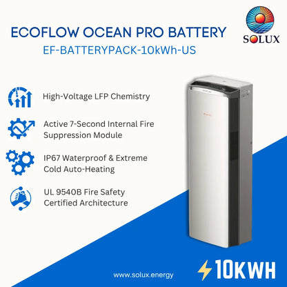 ECOFLOW OCEAN PRO BATTERY EF-BATTERYPACK-10KWH-US shown on a white and blue promotional graphic with product features listed on the left and the Solux logo at the top right.