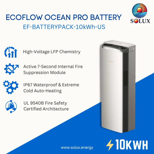 ECOFLOW OCEAN PRO BATTERY EF-BATTERYPACK-10KWH-US shown on a white and blue promotional graphic with product features listed on the left and the Solux logo at the top right.