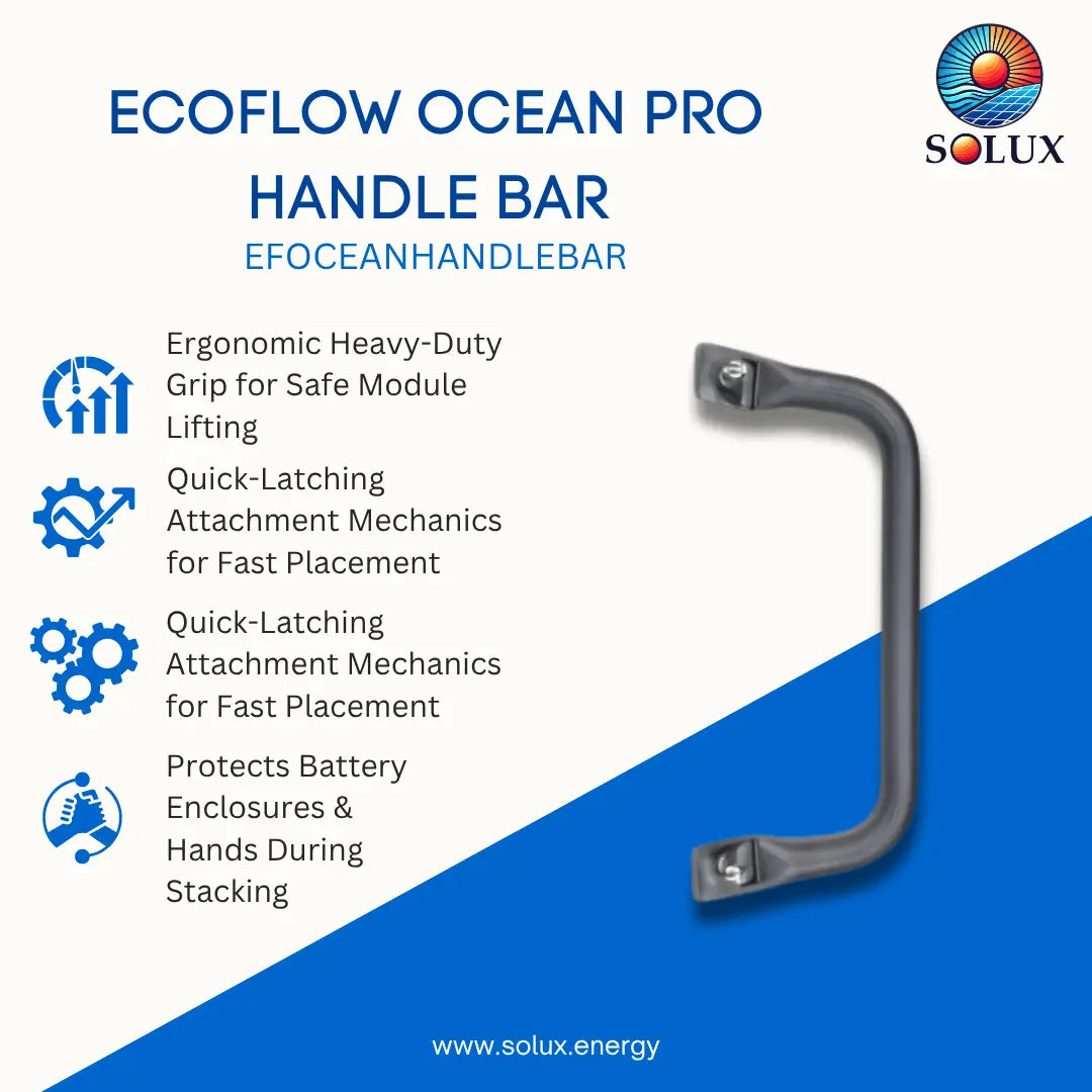 EcoFlow Ocean Pro handle bar by Solux, shown as a dark gray metal lifting handle on a white and blue promotional graphic with product features listed on the left.