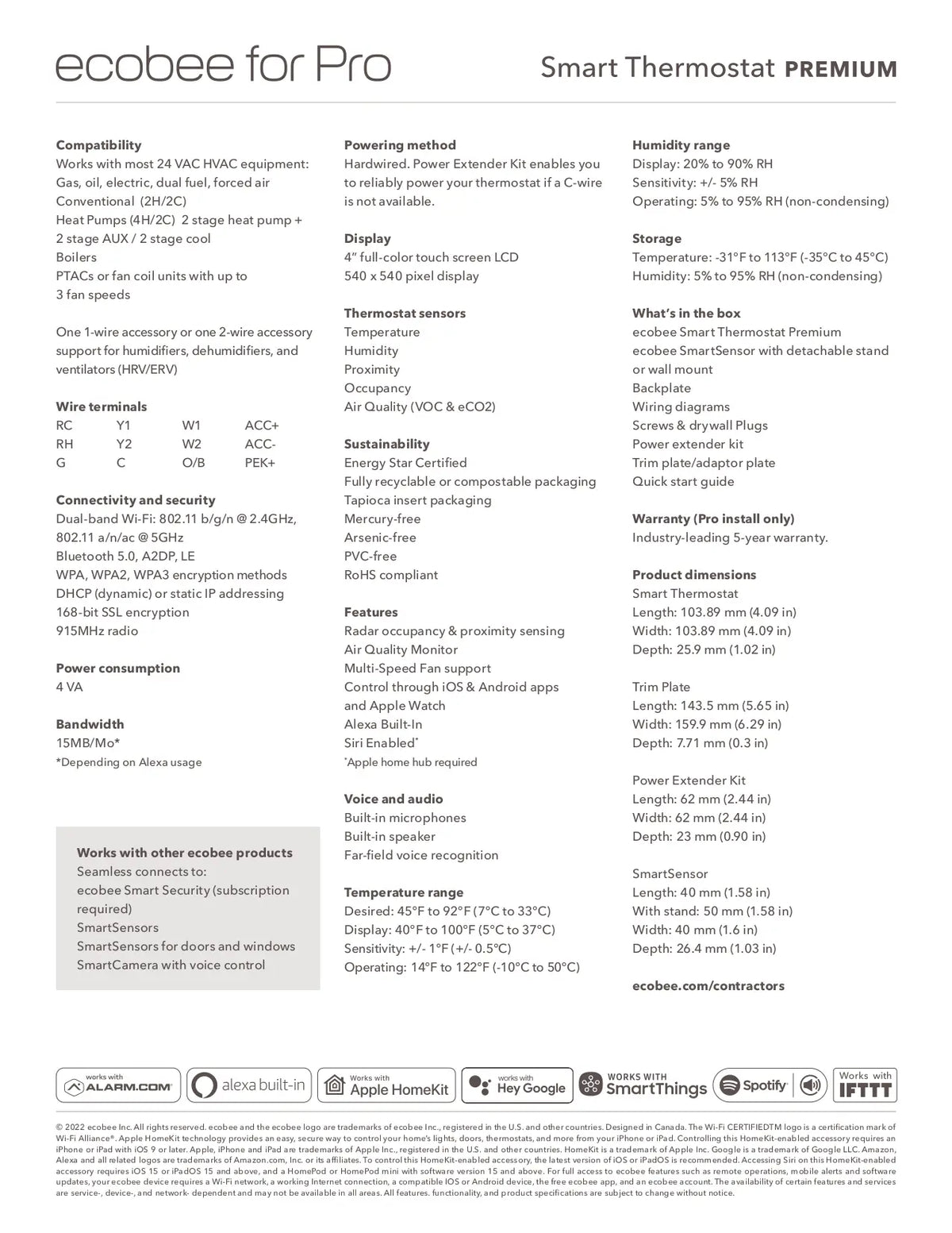 A technical specification sheet for the ecobee for Pro Smart Thermostat PREMIUM, featuring a black and white graphic of the thermostat on the left and detailed feature and compatibility tables on the right.