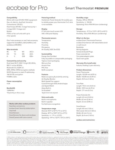 A technical specification sheet for the ecobee for Pro Smart Thermostat PREMIUM, featuring a black and white graphic of the thermostat on the left and detailed feature and compatibility tables on the right.