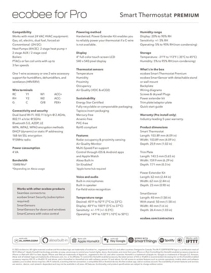 A technical specification sheet for the ecobee for Pro Smart Thermostat PREMIUM, featuring a black and white graphic of the thermostat on the left and detailed feature and compatibility tables on the right.