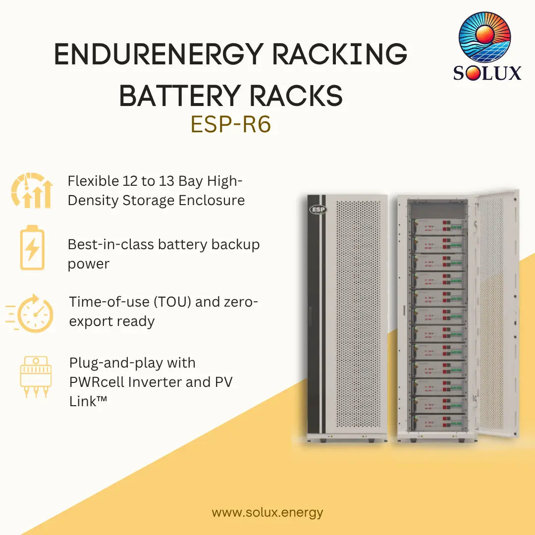 Promotional graphic for the Solux Endurenergy Racking Battery Racks ESP-R6, showing two open gray battery storage enclosures with multiple battery modules inside. The left side contains feature callouts on a white and pale yellow background, and the right side shows the enclosures against a white background with a diagonal yellow section.