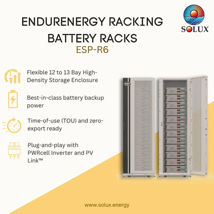 Promotional graphic for the Solux Endurenergy Racking Battery Racks ESP-R6, showing two open gray battery storage enclosures with multiple battery modules inside. The left side contains feature callouts on a white and pale yellow background, and the right side shows the enclosures against a white background with a diagonal yellow section.