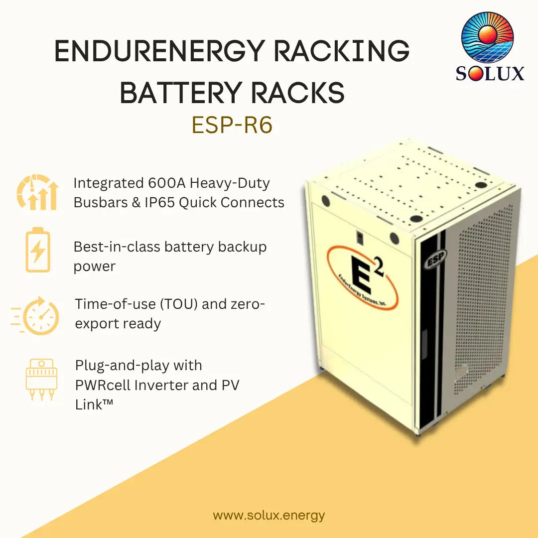 Promotional graphic for the Endurenergy Racking Battery Rack ESP-R6 by Solux, showing a cream-colored metal battery rack unit with a perforated side panel and a circular E2 logo. The left side features feature callouts and icons on a split white and beige background.