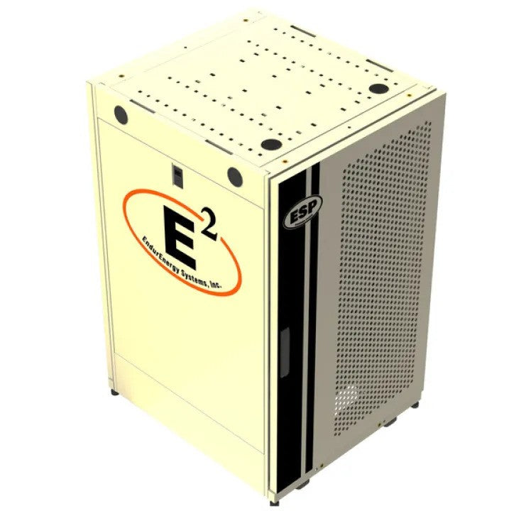 An industrial electrical cabinet or enclosure by E2 Energy Systems, Inc., featuring a cream-colored front panel with a prominent logo, a black vertical stripe, and a perforated metal side panel on a white background.