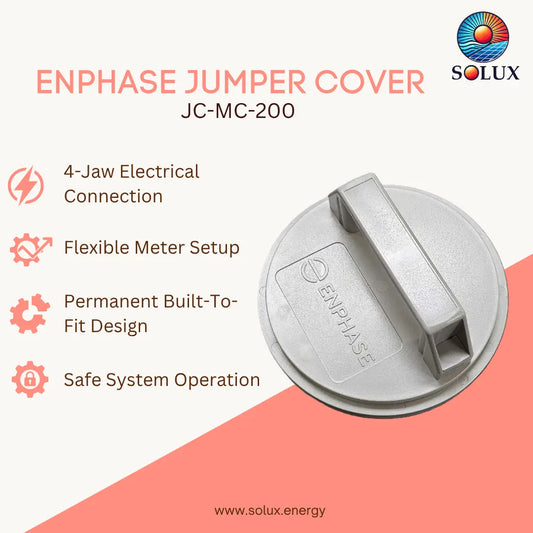 A promotional product graphic for an ENPHASE JUMPER COVER, model JC-MC-200, by SOLUX. The image features a silver-gray circular metal cover with a central protruding tab on the right, set against a split cream and coral background.