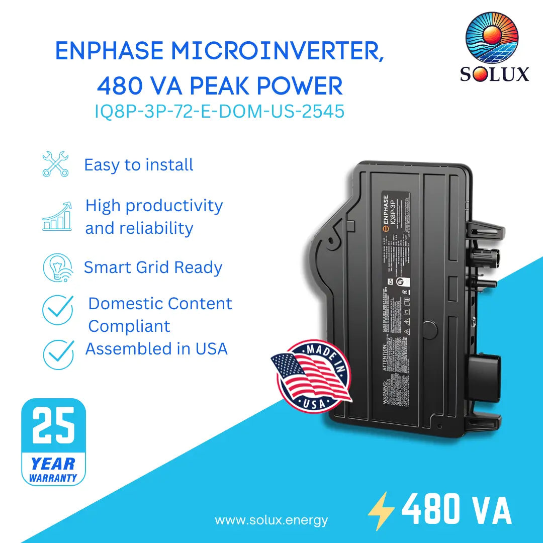 3 phase microinverter (IQ8P-3P-72-E-DOM-US-2545), 480VA peak power, Domestic Content Compliant, Assembled in USA.