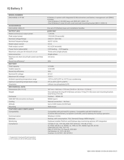 Technical datasheet for Enphase IQ Battery 3