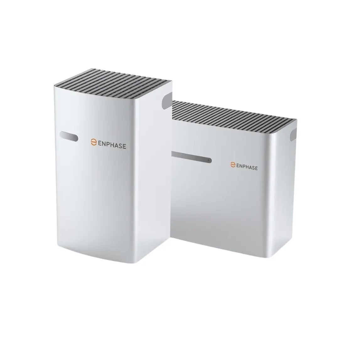 Two Enphase smart home energy storage systems in a clean studio shot against a white background.