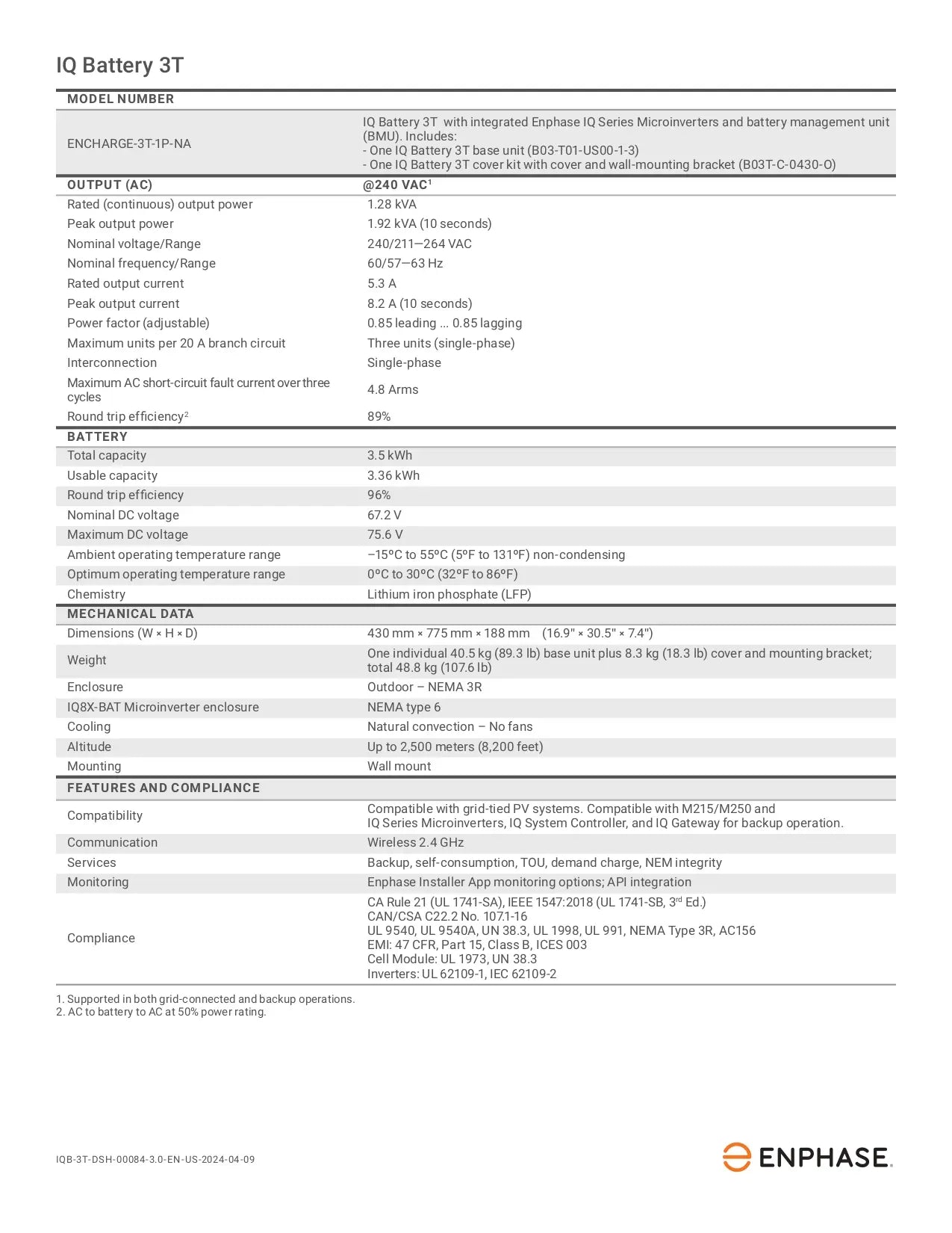 B03-T01-US00-1-3 ac energy storage datasheet for Enphase IQ Battery 3T, listing technical specs and output ratings.
