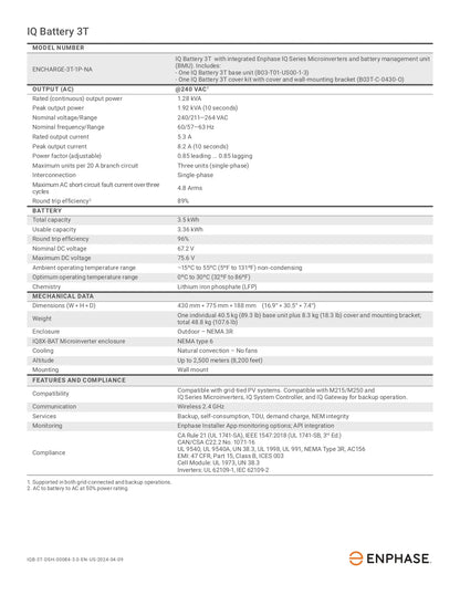 B03-T01-US00-1-3 ac energy storage datasheet for Enphase IQ Battery 3T, listing technical specs and output ratings.