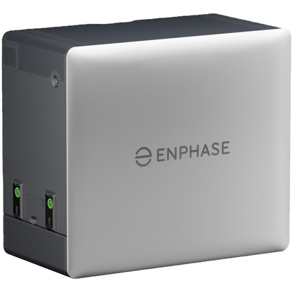 Product Image of B10C-NC-0708-O-DOM, an Enphase battery with silver front, green port lights, and central logo.