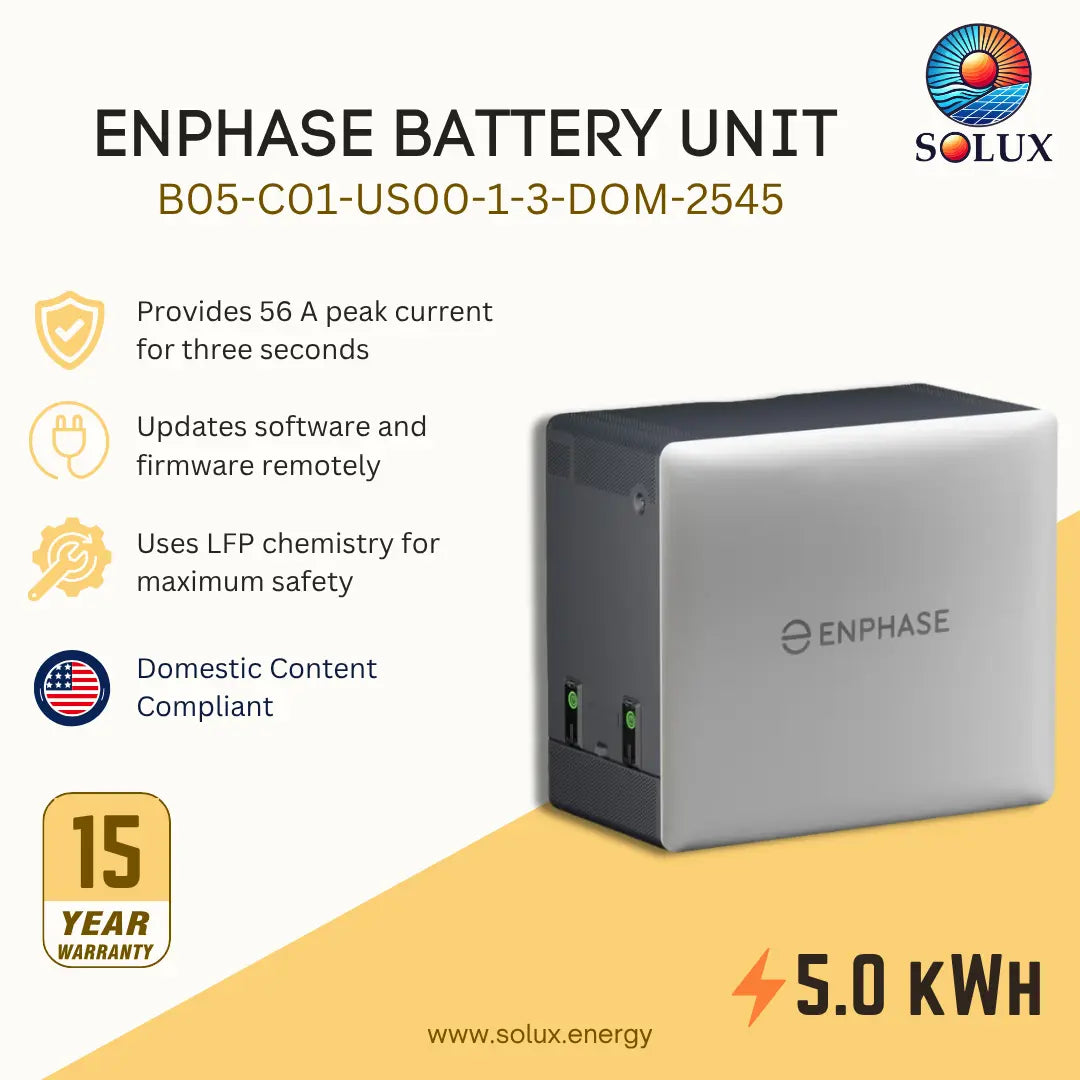 Solux Enphase Battery Unit B05-C01-US00-1-3-DOM-2545 shown on a beige and yellow promotional graphic with feature callouts, a 15-year warranty badge, and 5.0 kWh text.