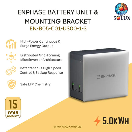 Solux Enphase battery unit EN-B05-C01-US00-1-3 with mounting bracket, shown on a white and yellow graphic background with product features and a 15-year warranty badge.