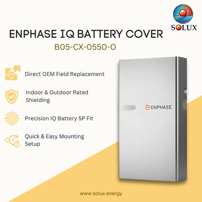 An ENPHASE IQ Battery Cover product listing graphic showing a silver rectangular battery enclosure on a light background with yellow accents and feature callouts. The Solux logo appears in the top right, and the product code B05-CX-0550-O is printed near the top left.