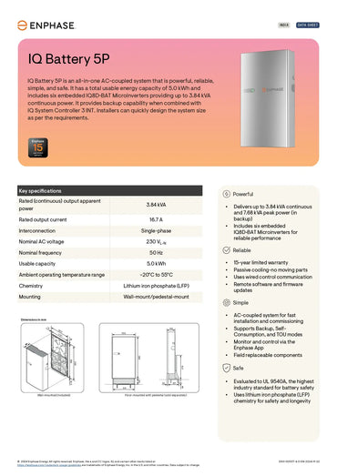 Datasheet for B05-CX-0550-O iq battery cover 5 and Enphase IQ Battery 5P, listing technical specs and dimensions.