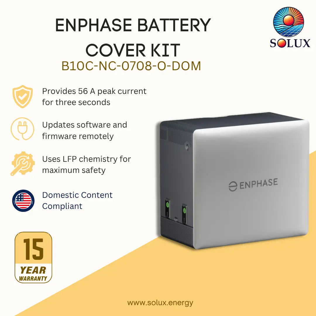 Solux Enphase Battery Cover Kit B10C-NC-0708-O-DOM, featuring a silver and black rectangular battery cover with product specifications and a 15-year warranty badge on a light beige and yellow background.