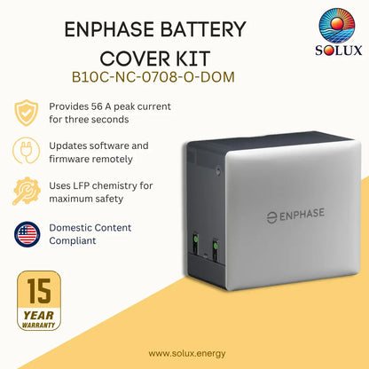 Solux Enphase Battery Cover Kit B10C-NC-0708-O-DOM, featuring a silver and black rectangular battery cover with product specifications and a 15-year warranty badge on a light beige and yellow background.