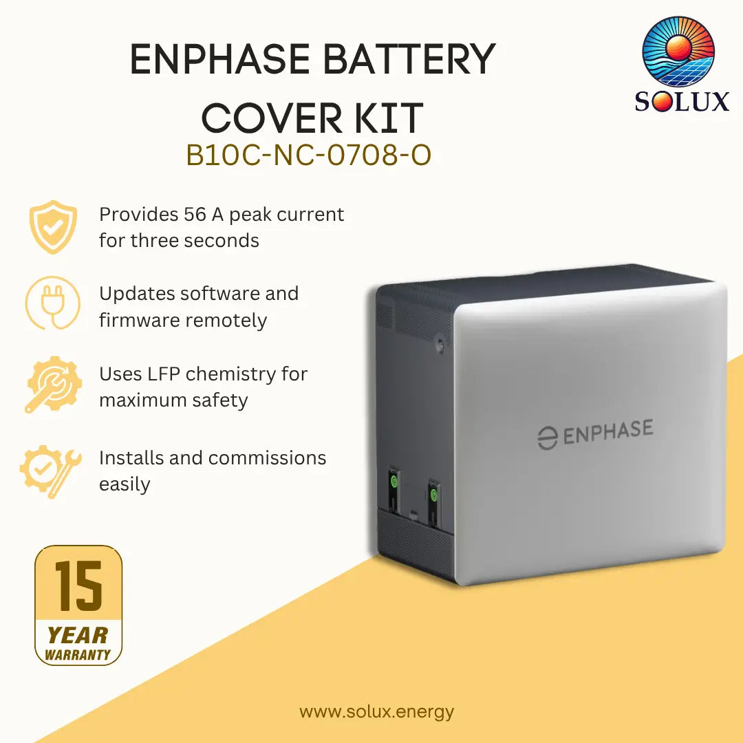 ENPHASE Battery Cover Kit B10C-NC-0708-O by Solux, featuring a silver and black square battery cover with feature callouts and a 15-year warranty badge.