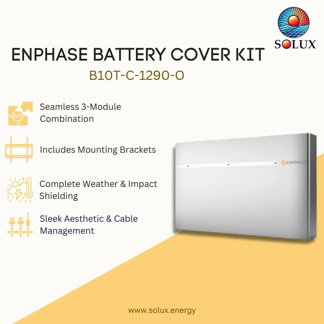 SOLUX Enphase Battery Cover Kit B10T-C-1290-O promotional graphic showing a white rectangular battery cover module on a cream and yellow background with feature callouts and the SOLUX logo.