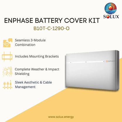 SOLUX Enphase Battery Cover Kit B10T-C-1290-O promotional graphic showing a white rectangular battery cover module on a cream and yellow background with feature callouts and the SOLUX logo.