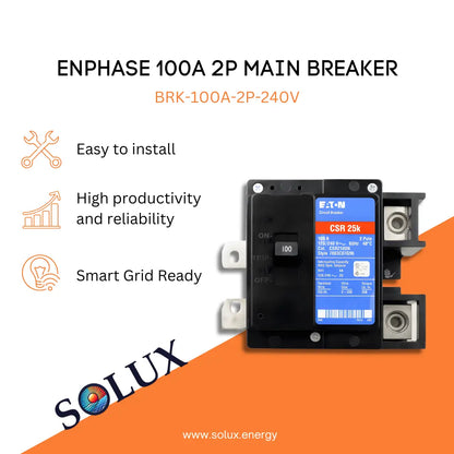 Enphase 100 amp Main Breaker BRK-100A-2P-240V graphic: Easy install, high reliability, and Smart Grid Ready.