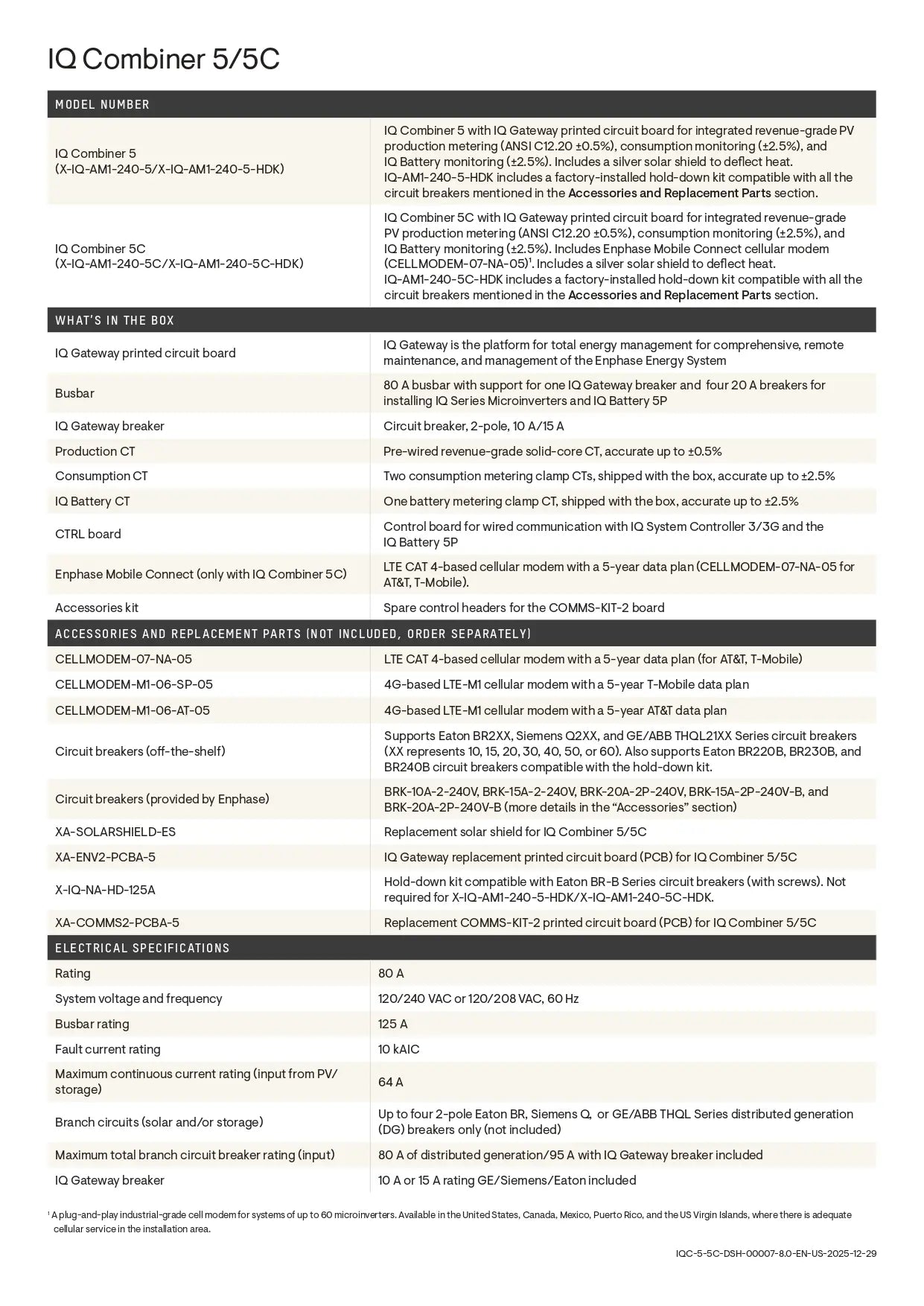 Specifications table for IQ Combiner 5/5C listing the BRK-10A-2-240V 2p circuit breaker and technical electrical data.