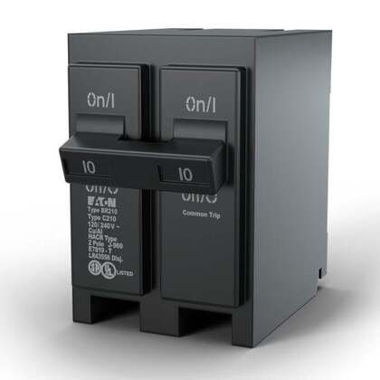 Product image of BRK-10A-2-240V, an Enphase 10A 2-pole circuit breaker with common trip handles on a white background.